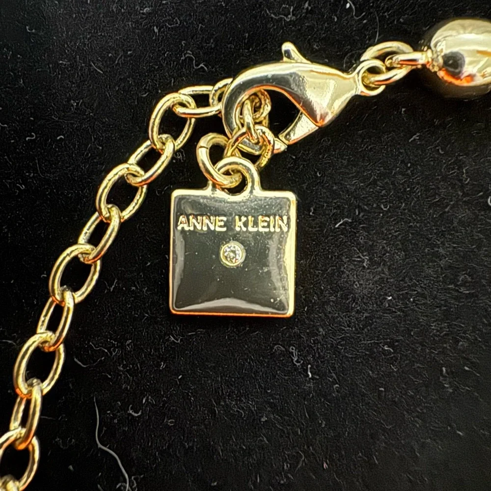 Retro Signed Ann Klein Gold Tone Necklace With Clear Crystals On Sliding Charms - Picture 3 of 4